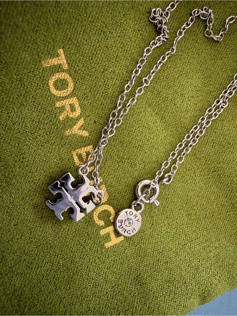 Tory Burch Silver Pavé Double-T Pendant Necklace